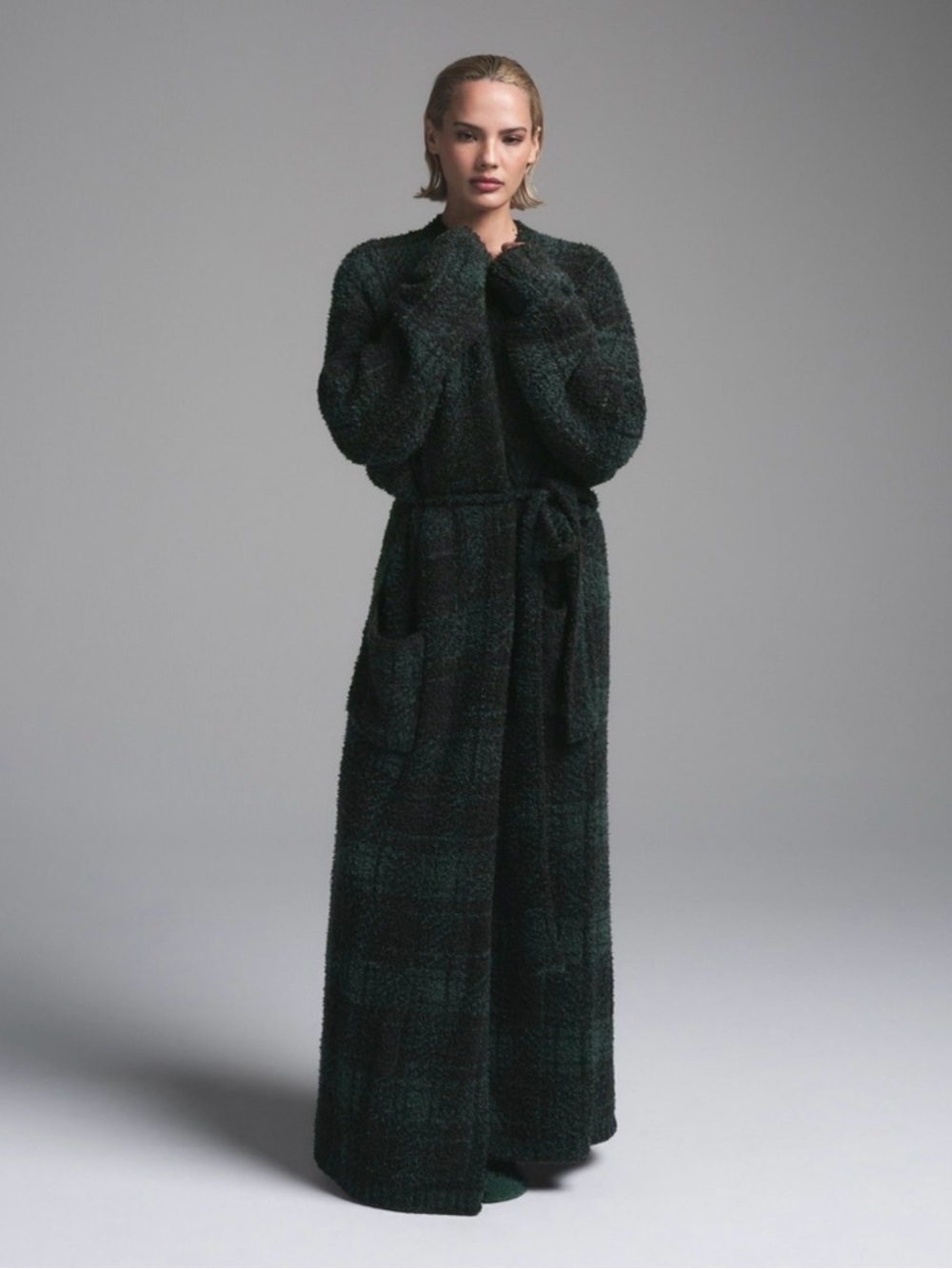 SKIMS Cozy Knit Unisex Robe in the limited edition Cypress Plaid